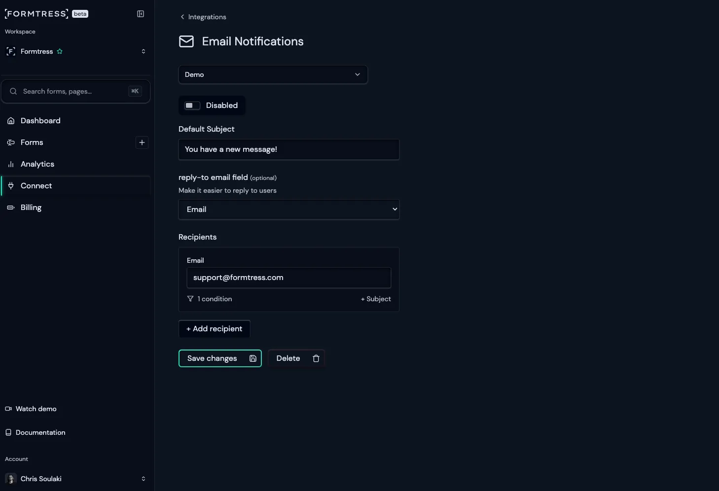Email notification settings in Formtress dashboard