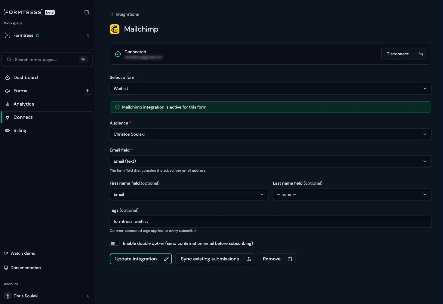 Mailchimp integration settings in Formtress dashboard