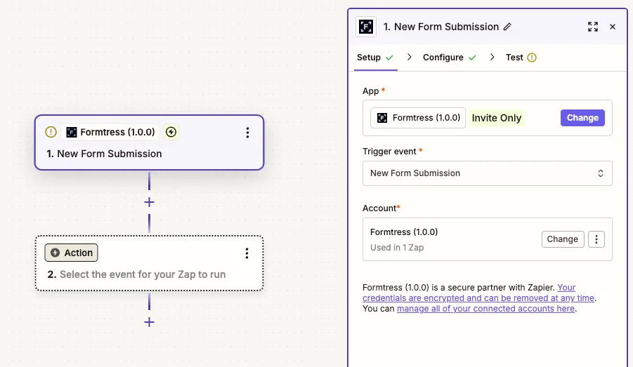 Formtress fields available in Zapier